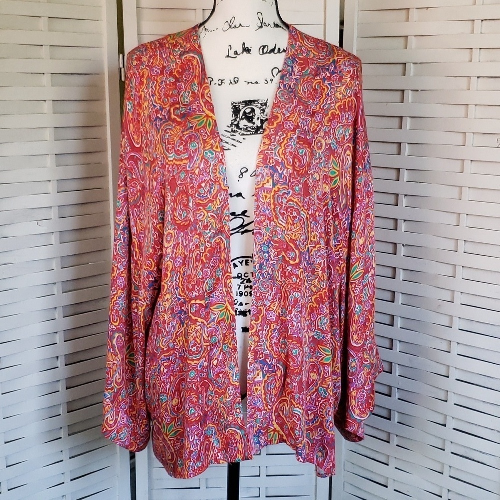 Vici red/orange floral wide long sleeves open cardigan kimono size XL